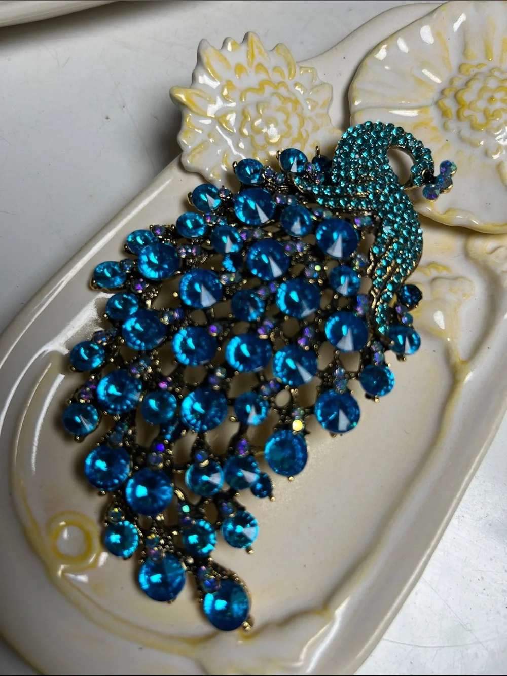Teal Crystal Peacock Brooch